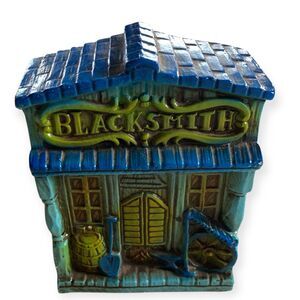 Vintage Ceramic Piggy Bank Blacksmith Shop Wild West Made in Japan Blue Green